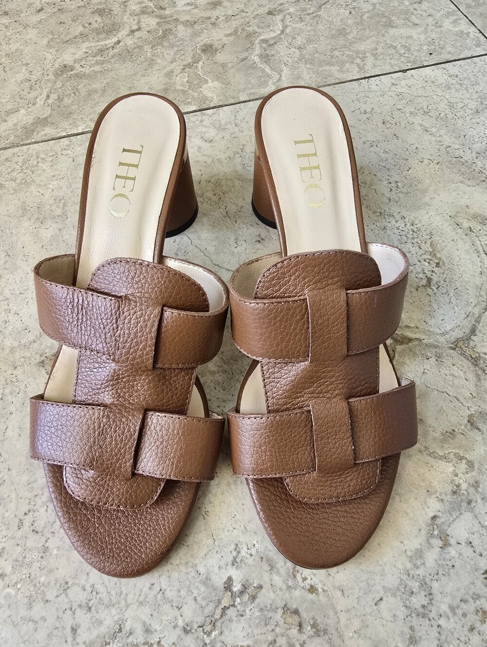 Theo Tan Block Heel Sandals Gold Accent Size 40